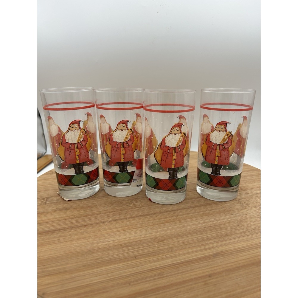 Set Of 4 BLOCK‎ By Gear  Tartan Plaid Father Christmas Glasses, 6.25" Tall NWT